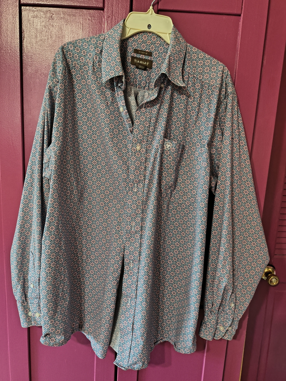 Ariat Men’s Blue Patterned Long-Sleeve Shirt size x large stretch th by conditio